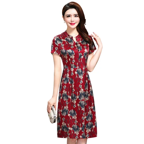 2021 Spring Summer Fashion Short Sleeve Silk Women Dress New Style Big Code Exquisite Printed Elegant Temperament Female Dresses | Женская
