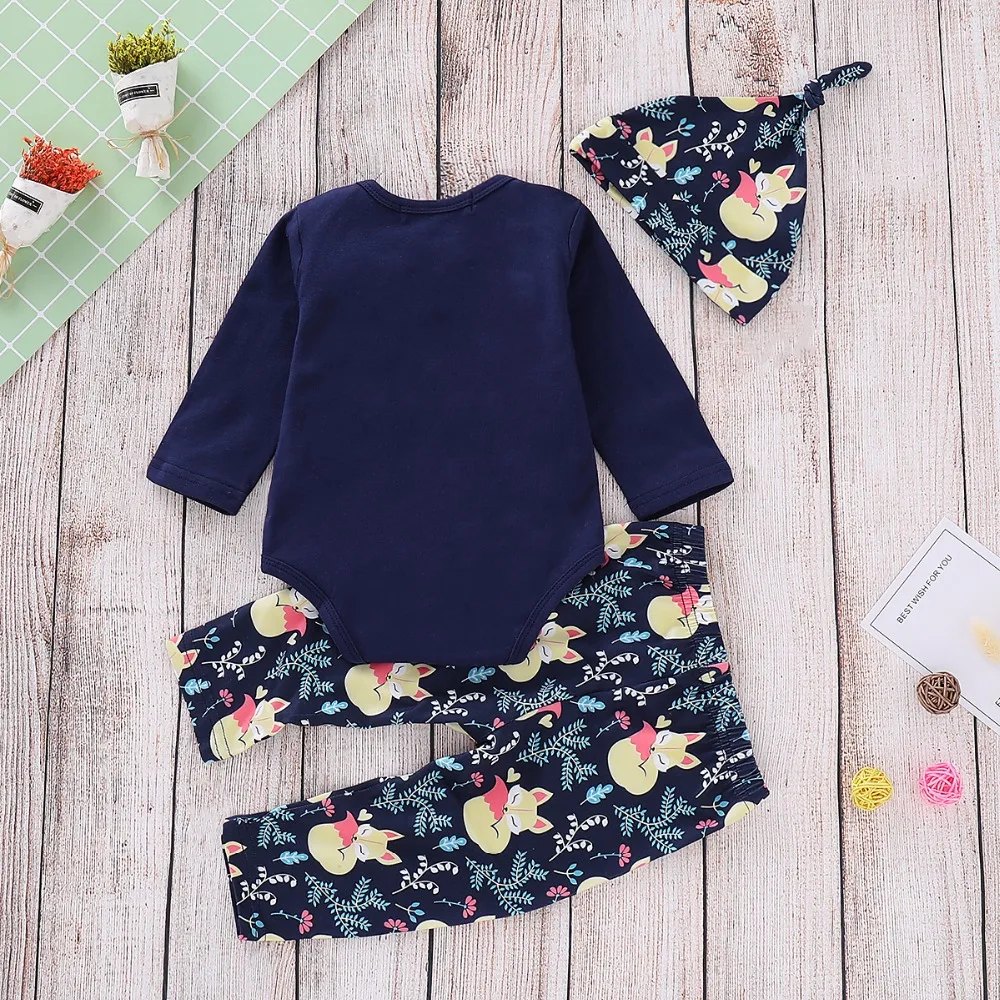 baby boy girl newborn clothing long sleeve fox rompers tops+long pants+hat 3pcs toddler outfits meisje kleding | Детская одежда и