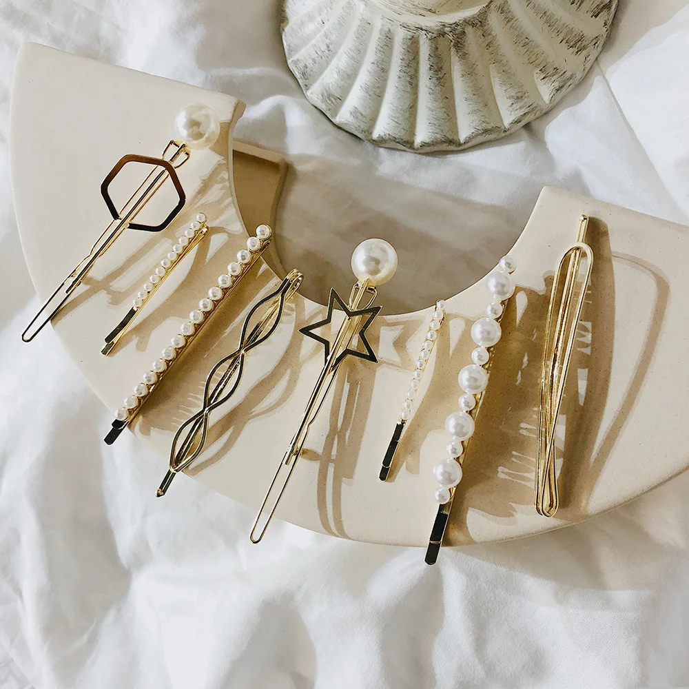 

2019 New Trendy Gold Color Metal Hair Clips Sets For Women Fashion Geometric Hexagon Star Imitation Pearl Hairpins Barrettes