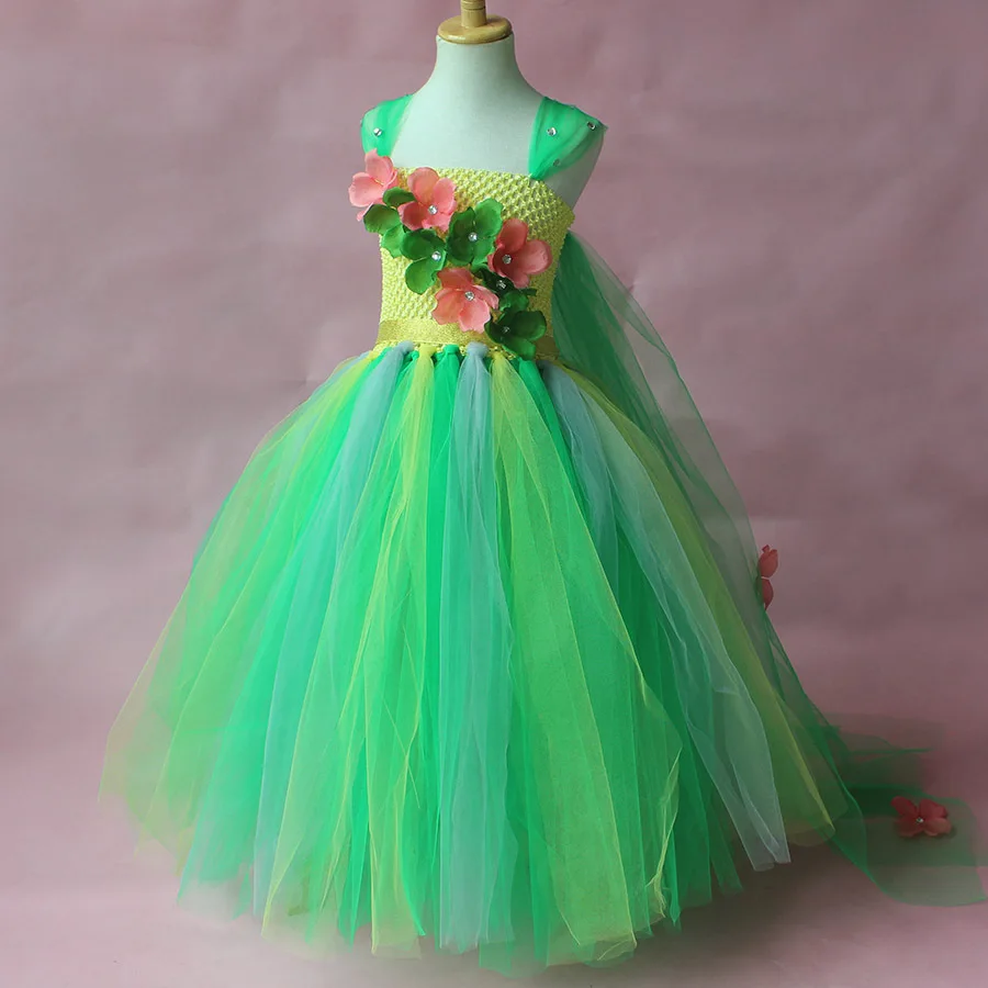 Зеленый костюм феи с цветочным принтом для девочек-подростков принцессы на