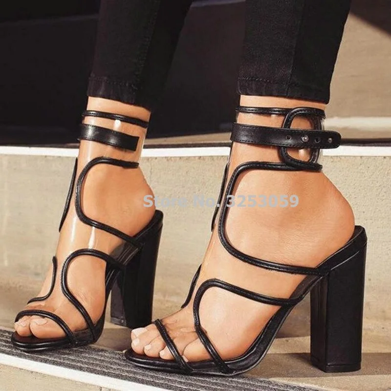 

ALMUDENA Women Chunky Heels Clear PVC Buckle Strap Sandals Newest Black Gold Thick Heels Criss Cross Dress Pumps Dropship Shoes