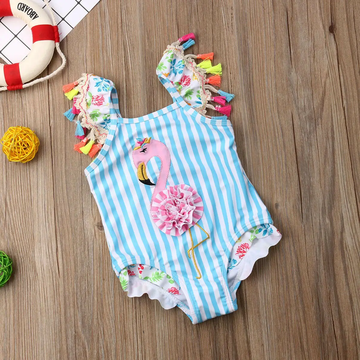 

Summer Lovely Toddler Kids Baby Girls 3D Flamingo Bodysuits Swimwear Swimsuit Tassels Sleeve Bathing Suit Beachwear Cartton Cute