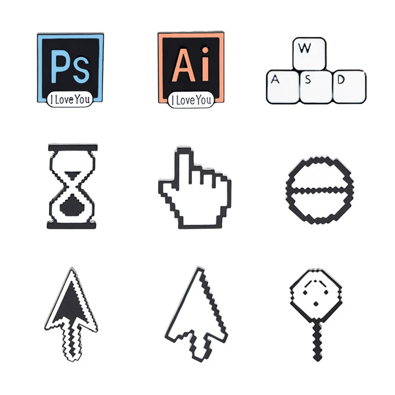 Значок компьютера с песочными часами, указатель мыши, стрелка руки, значок-булавка-брошь-значок эмалированный для дизайнеров и художников.