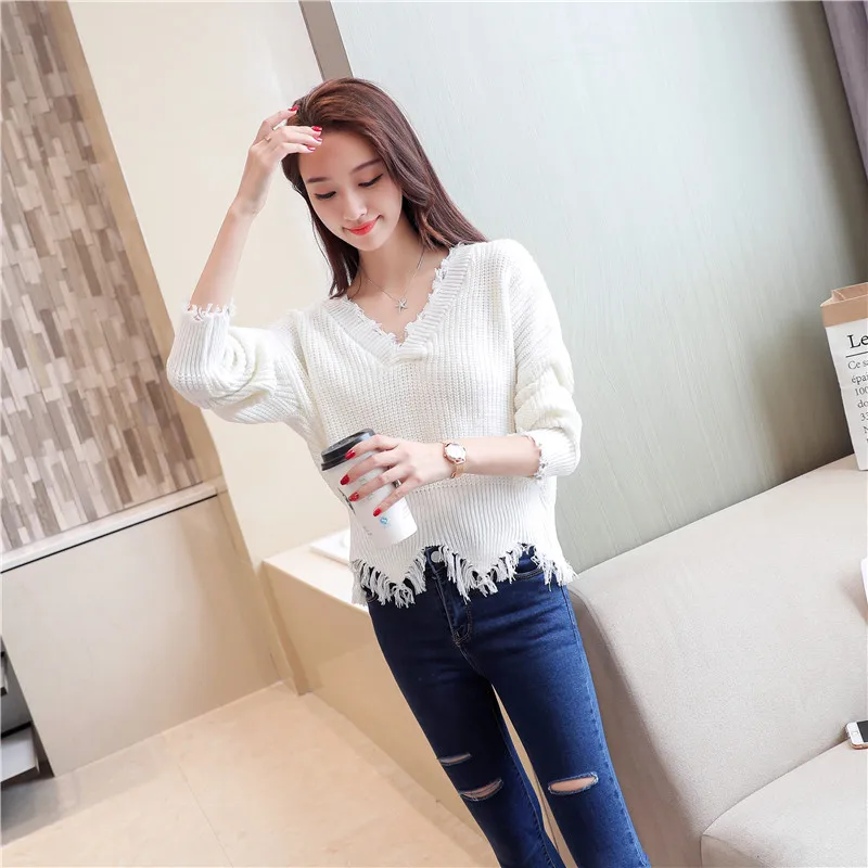 Женский трикотажный пуловер с V-образным вырезом и длинным рукавом | Женская