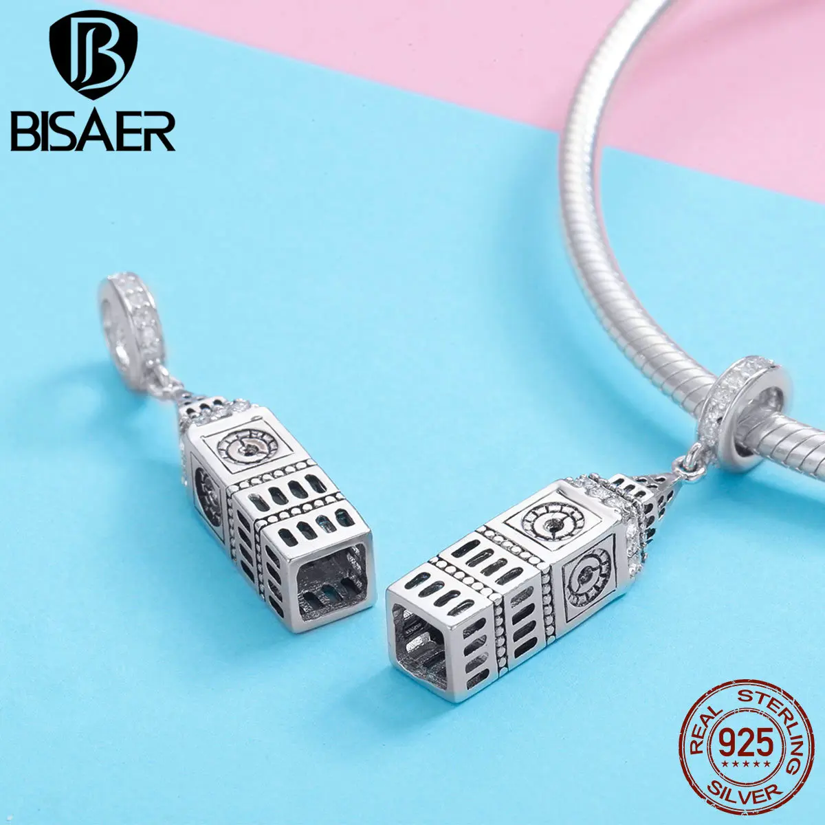 BISAER очаровательные 925 пробы серебряные Ретро британские Биг-Бен строительные бусины для женщин Изготовление ювелирных изделий европейский бренд ювелирные изделия HSC868