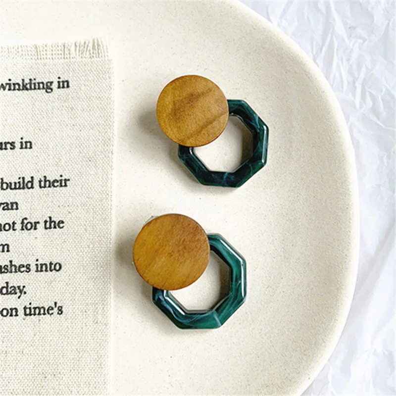 

2018 New Arrival Autumn Marble Acrylic Geometric Hollow Irregular Earrings For Women Statement Vintage Wood Boucle D'oreille