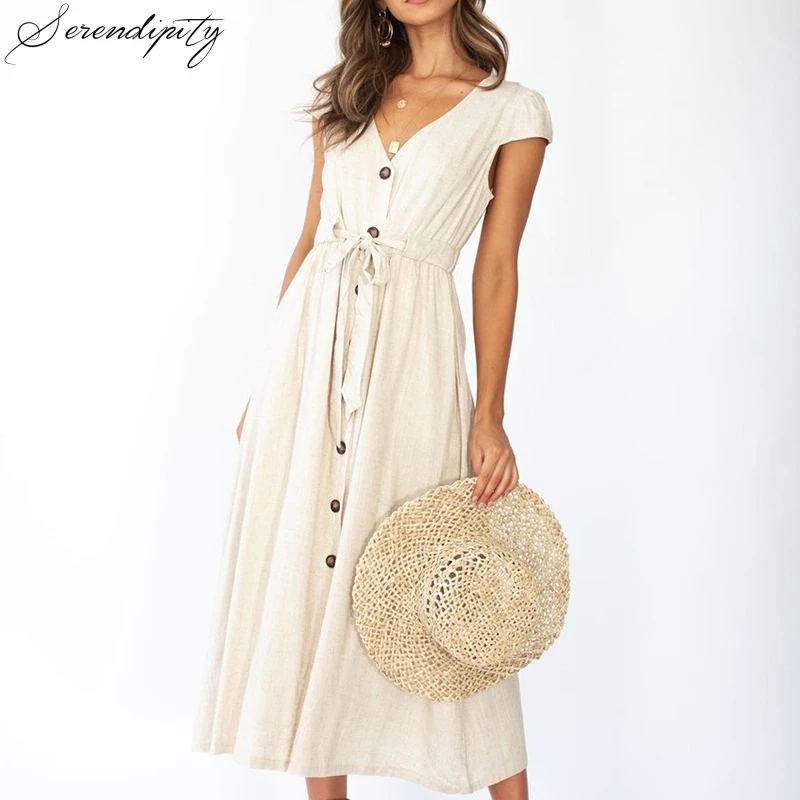 Женское Хлопковое платье на пуговицах бежевое повседневное Элегантное Длинное