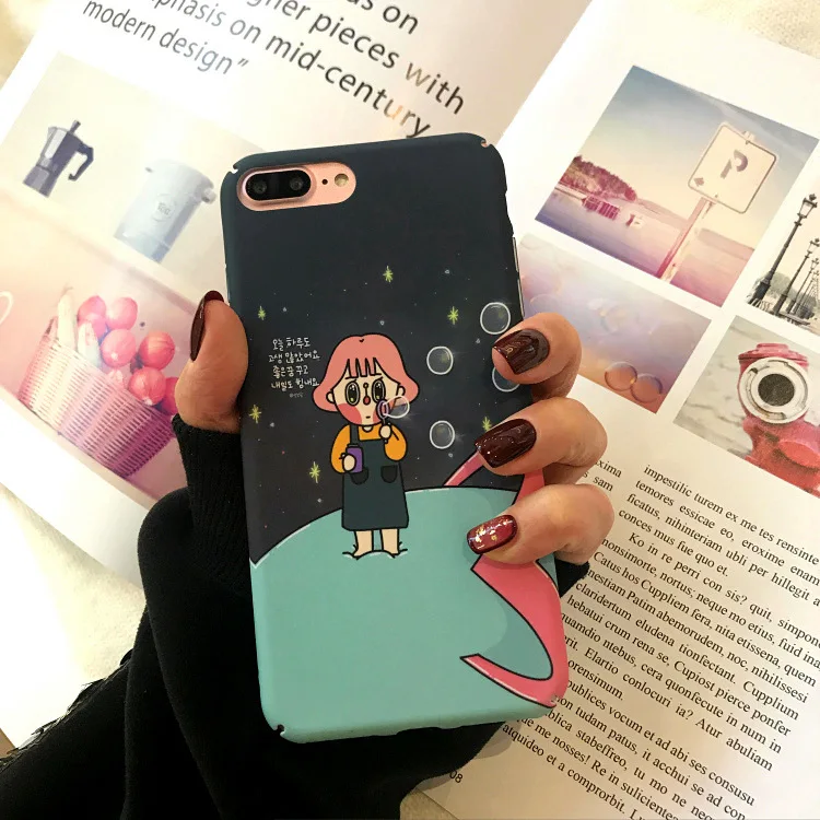 Korean Cartoon Girl Phone Case For iPhone 7 Puls 8 Hard PC Cover Funny Letter Print Couqe iphone X 6 6S Capa |