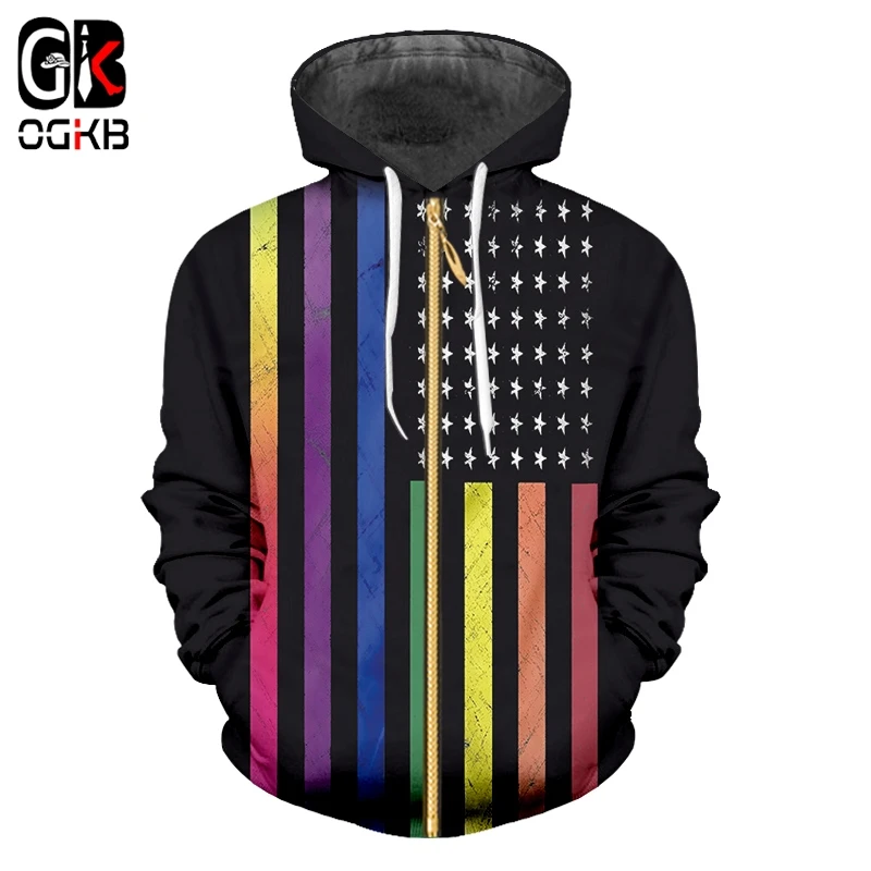 

OGKB пара верхняя одежда спортивные костюмы Новый Harajuku женский Принт американский флаг 3d молния толстовки в полоску Толстовка с длинным рука...