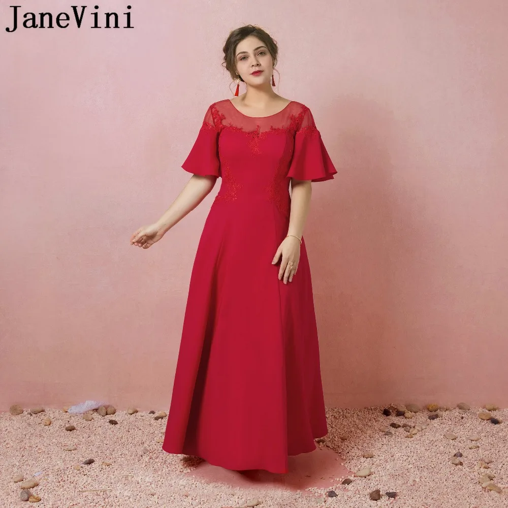 

JaneVini 2018 Red Plus Size Women Evening Dress Long Satin Mother Of The Bride Dresses Lace Formal Wear Robe Longue Dentelle