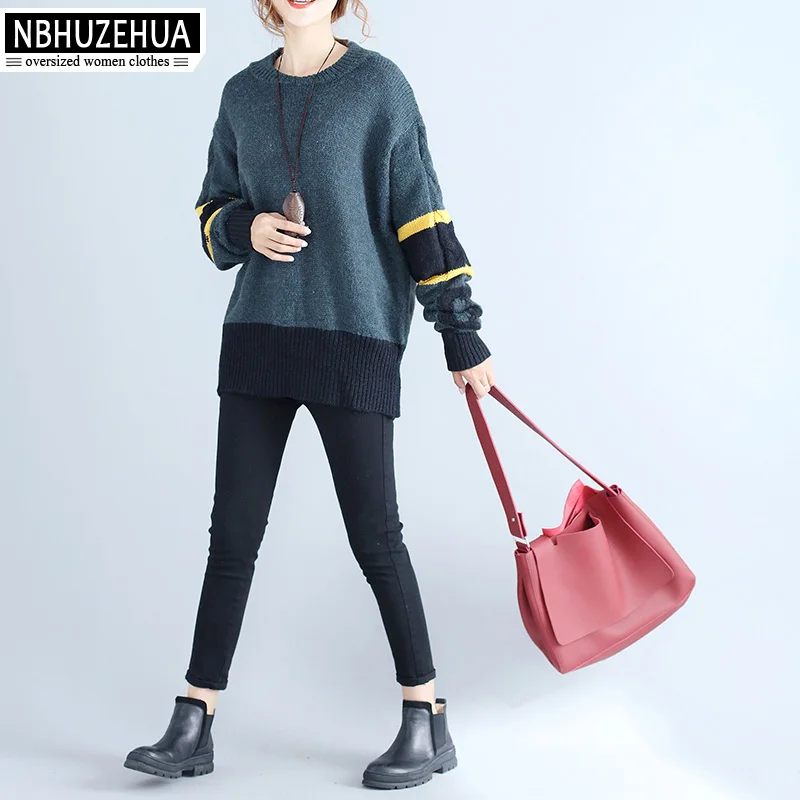 Nbhuzehua 7G383 4XL 5XL 6XL Свитер в полоску Осенне-зимняя Дамская обувь Повседневное