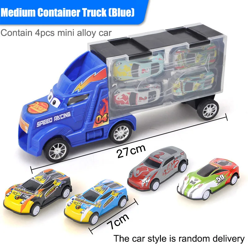 Blue truck 4 cars 1/24 масштабный контейнер для хранения, грузовик, пластиковые транспортные средства, игрушки с литой под давлением мини-автомобиль, горячие Литые Автомобильные колеса, волшебные треки, машины для детей - Цвет: Blue truck 4 cars