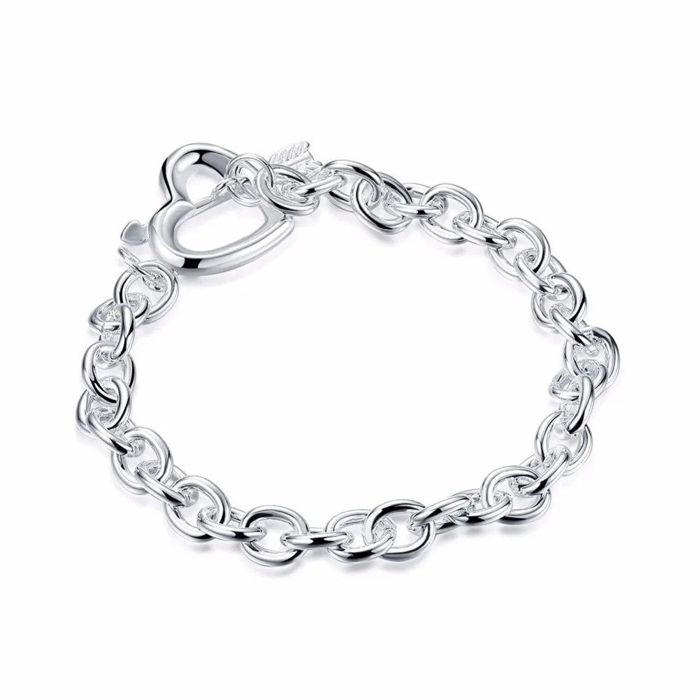 

Lekani Free Shipping Unisex Heart Arrow Bracelets 925 stamp silver color Men Women Cuff Bracelet Pulseiras Bijoux Joyas De Plata