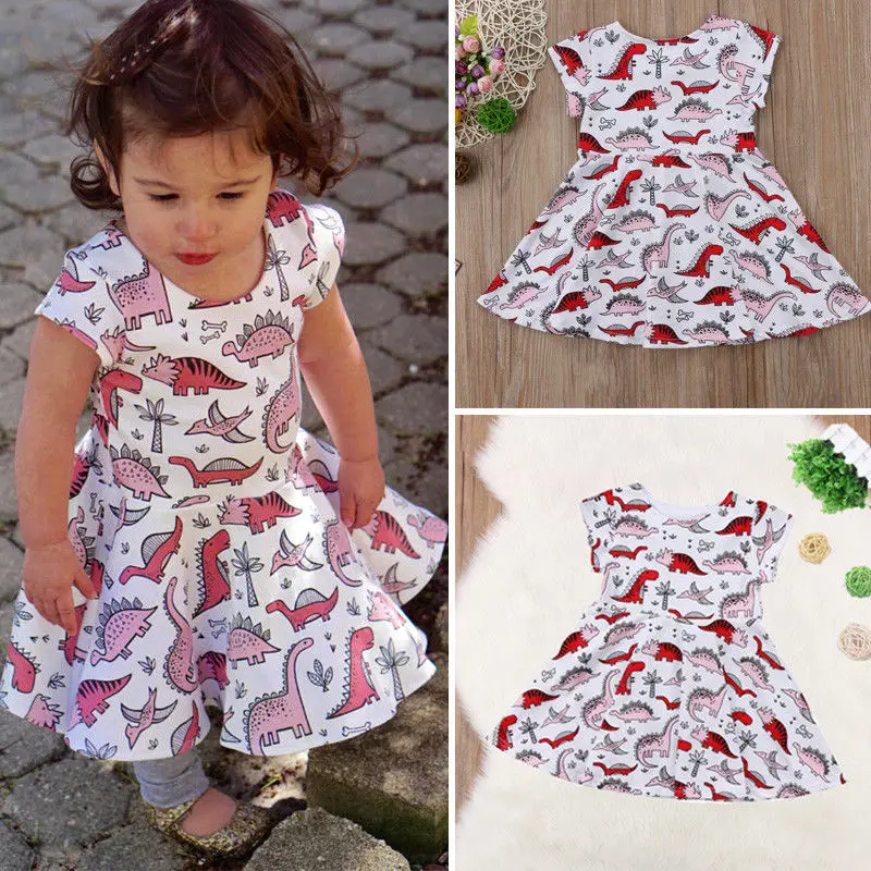 Новые летние милые платья с принтом динозавра Хлопковое платье короткими