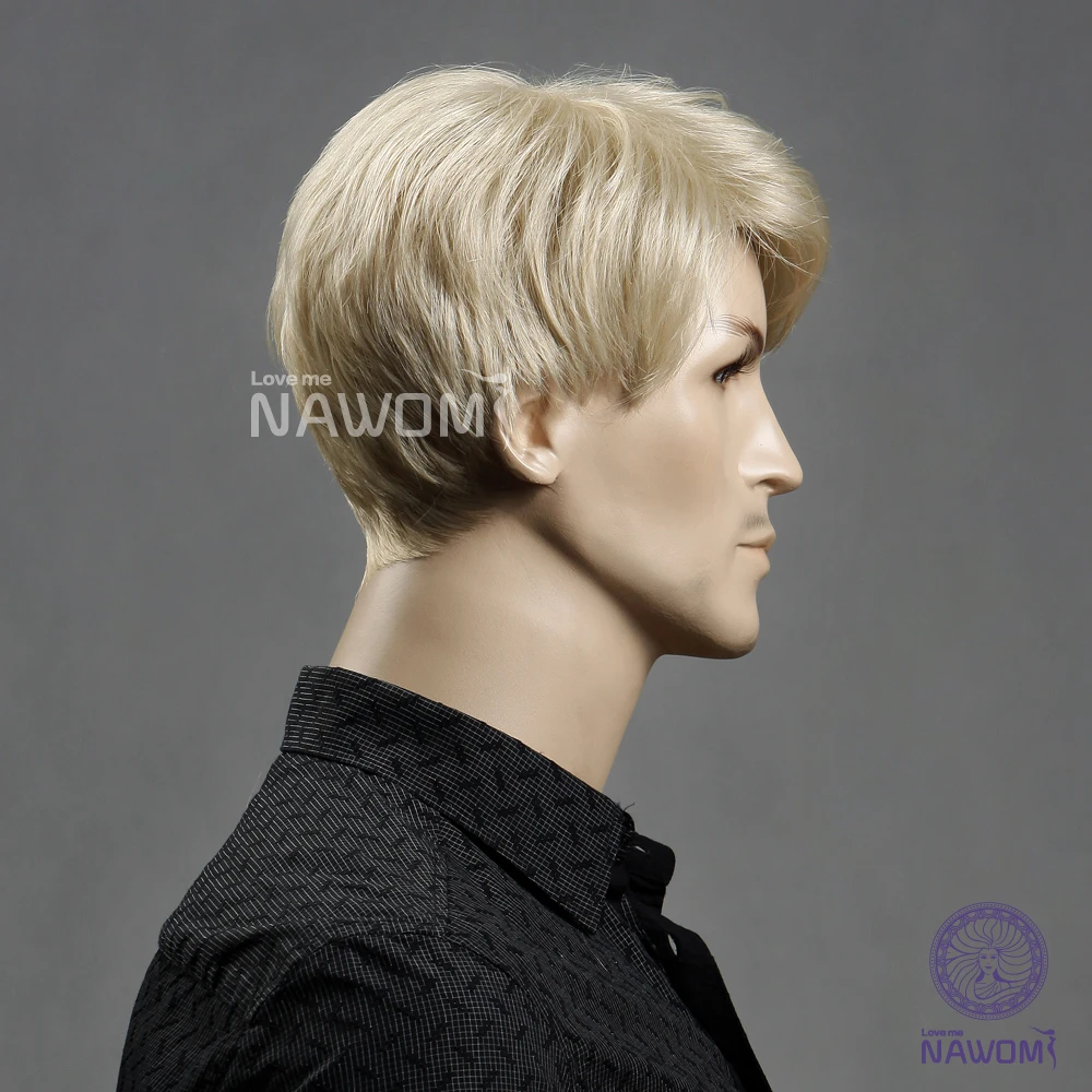 European Kanekalon Side Swept Bang Blonde Ear Length Hairstyle Straight Men Wigs with Wig Cap and Adjustable Buckle | Тематическая