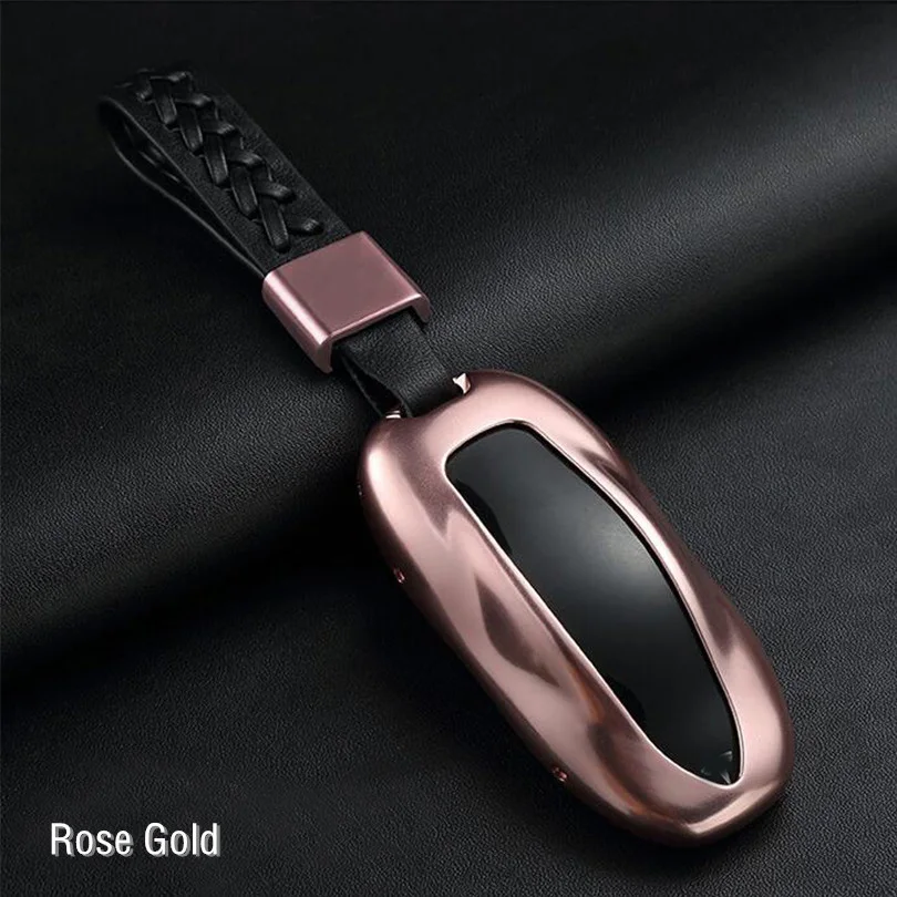 Rose Gold Алюминиевый сплав автомобильный чехол для ключей кожаный брелок для Tesla модель S - Название цвета: Rose Gold