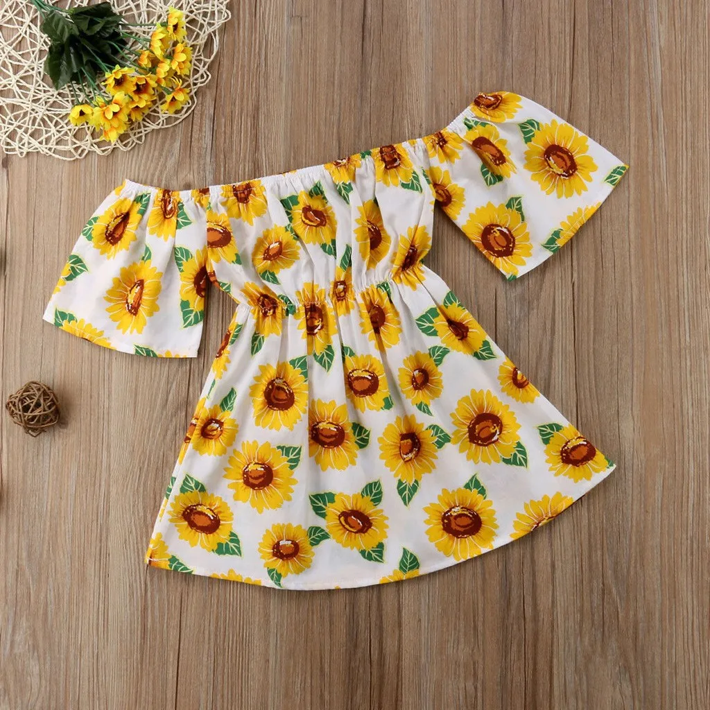 Children Kids Baby Girls Sleeveless Off Shoulder Sunflower Print Floral Dress Infant Outfit Vestido Menia Bohemian Dresses | Детская