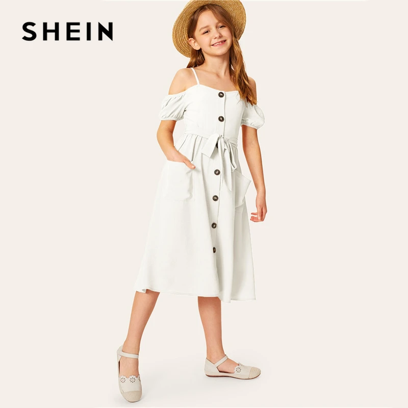 SHEIN/детское однотонное платье для девочек с открытыми плечами и одной пуговицей спереди, с поясом, платье в стиле бохо,, летние платья миди с короткими рукавами для отдыха