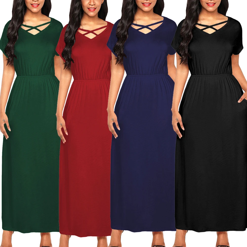 Женское вечернее платье макси с коротким рукавом перекрещивающимся воротником