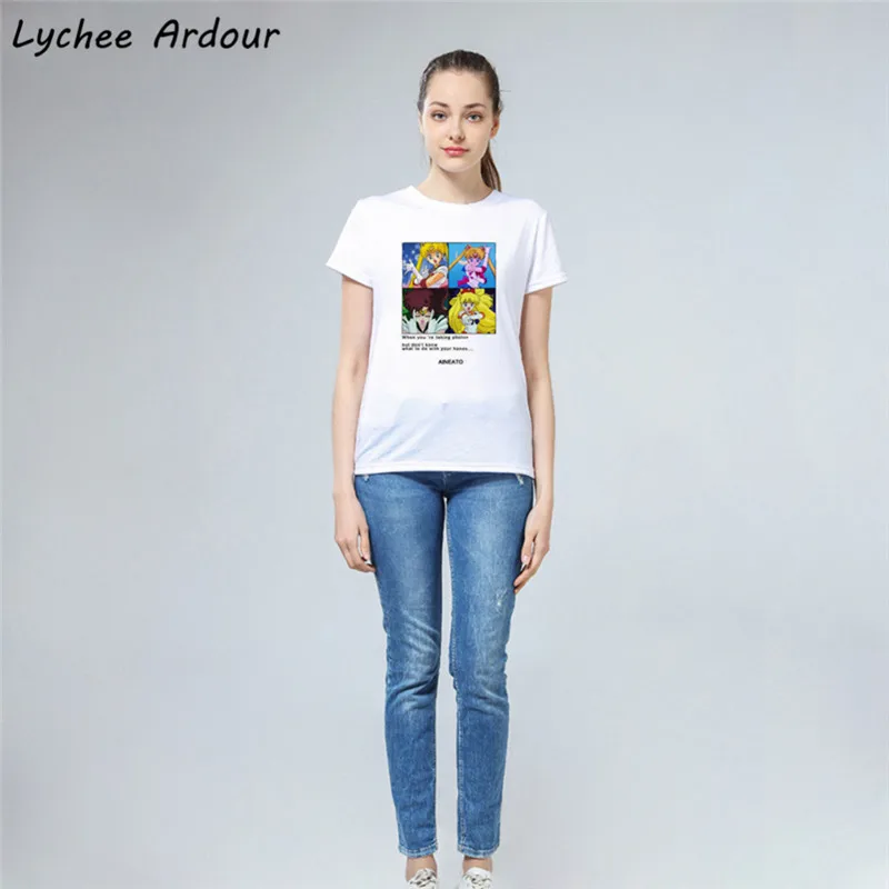 Sailor Moon Printed T-shirt Colorful Animation Letter Female T-shirts Summer Slim Casual Women T Shirts | Женская одежда