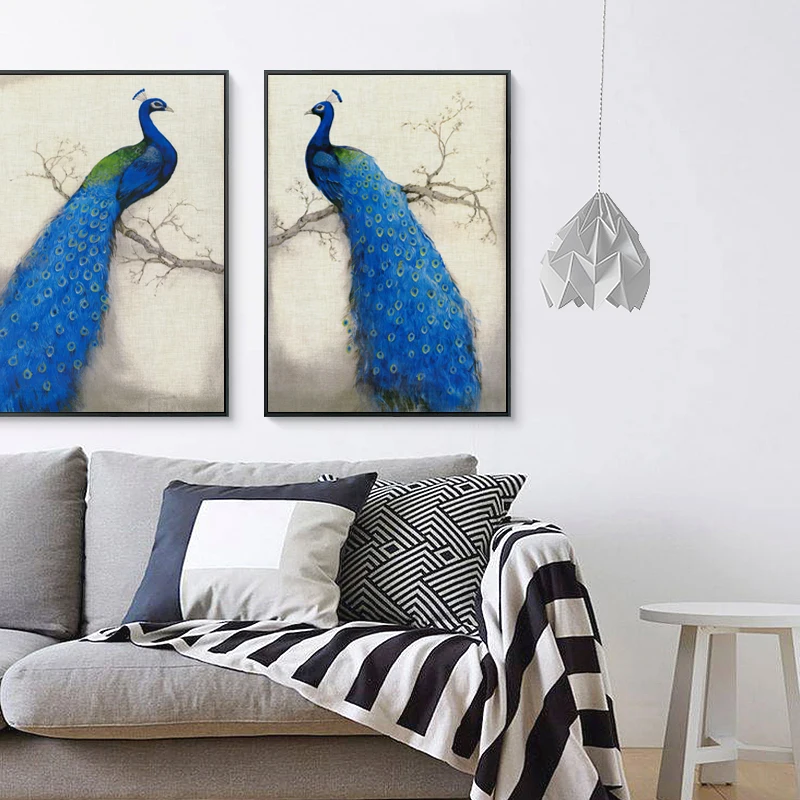 Элегантная поэзия в ретро стиле синий павлин стоящая на дереве A4 холст