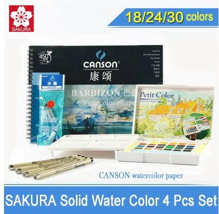 

SAKURA Solid Water Color Paint 18/24/30 Colors Sets,Solid Water Color+Needle Pen+Water Brush+Watercolor Paper with gift