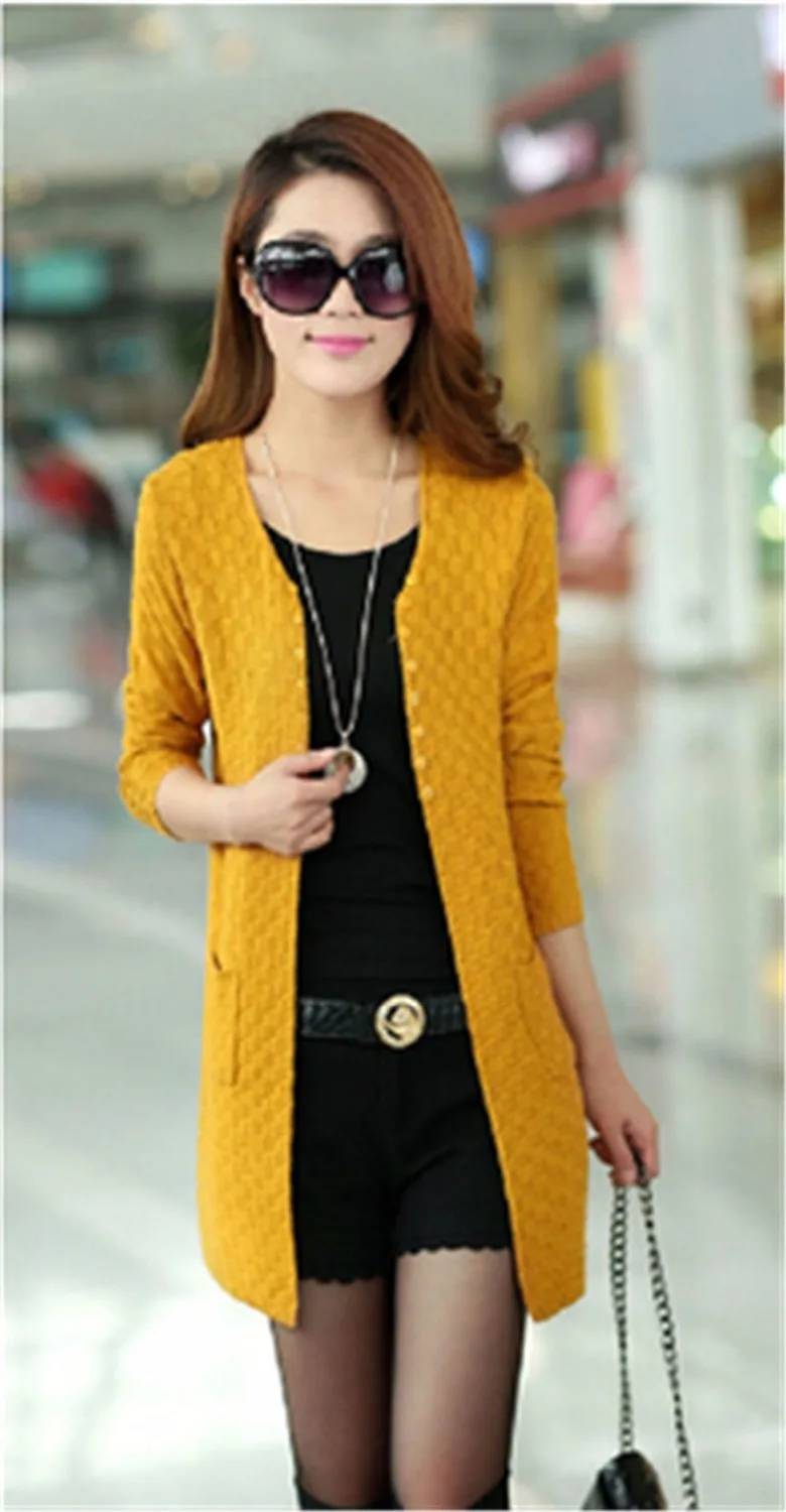 Женский длинный вязаный кардиган свитер с длинным рукавом желтого черного