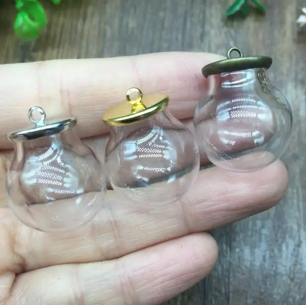 

100sets/lot Round Glass Pendant Memory Locket Globe Charm Metal Cap Opening Empty Bottle, gold crown base glass vial pendants