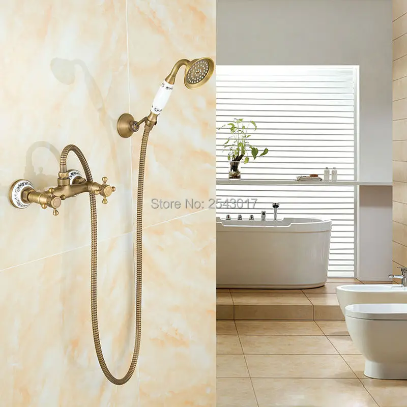 Antique Retro Brass Shower Faucet Noble and Elegant Bathroom Set Wall Mount with Ceramic Hand ZR003 | Обустройство дома
