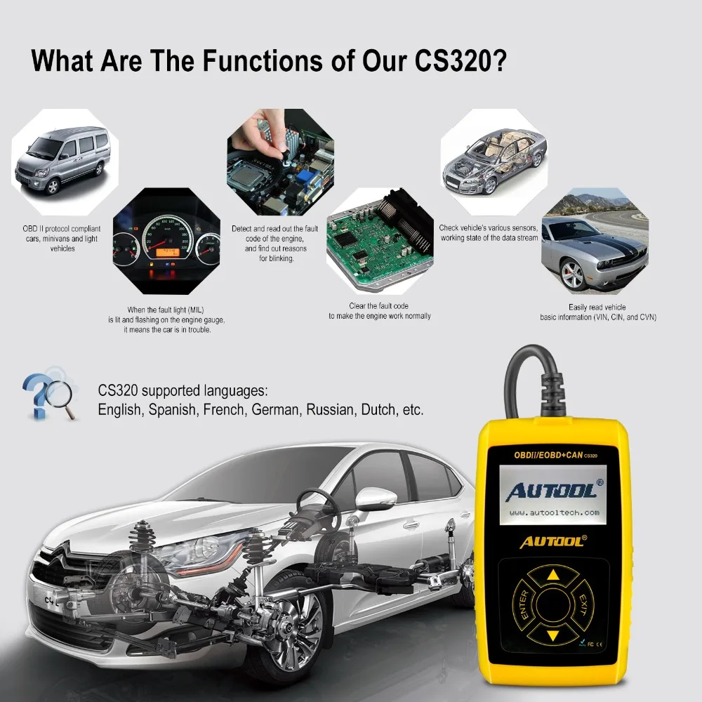 CARTOOL CS320 OBD2 Автомобильный сканер OBD 2 II Автомобильное устройство чтения кода авто
