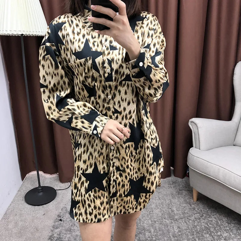 Women animal leopard print sexy long shirts loose style stars casual tops blouse new 2019 spring summer |