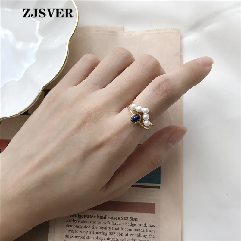 ZJSVER Korean Jewelry 925 Sterling Silver Rings Golden Retro Double Layer Pearl Crystal Women Ring Attend Banquet Or Party | Украшения и