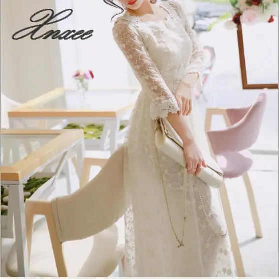 

Women's new ladies long dress lace hook flower hollow waist slim Slim sleeves dress summer