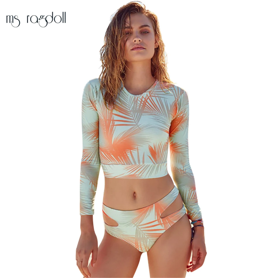 Цветочный принт с длинным рукавом Купальник женский бикини 2018 летний