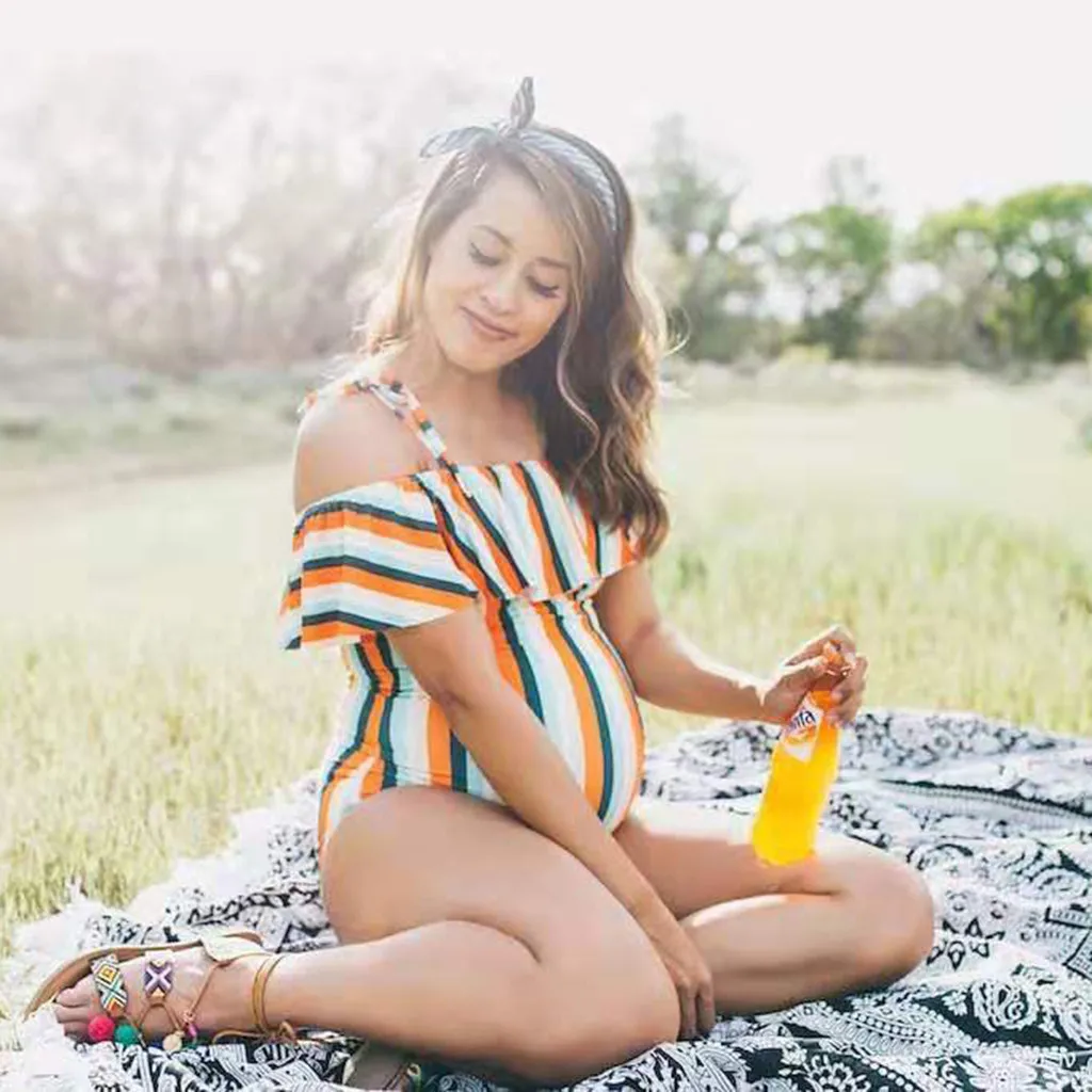 Женские Купальники для беременных Танкини с полосатым принтом бикини купальник