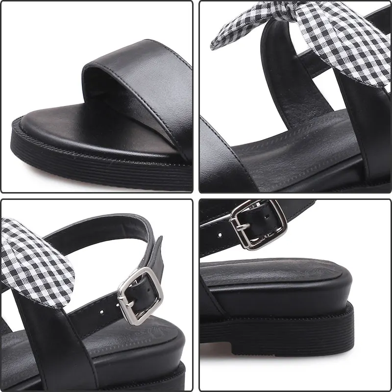 

Fanyuan Fashion Genuine Leather Buckle Sandals Summer Plaid cloth Butterfly-knot Ankle Strap Flats Comfort Flat Shoes Women Shoe