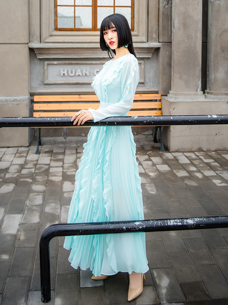 Vestidos de fiesta, высокое качество, женские вечерние платья, элегантное гофрированное длинное шифоновое платье с длинным рукавом, женское платье для подиума