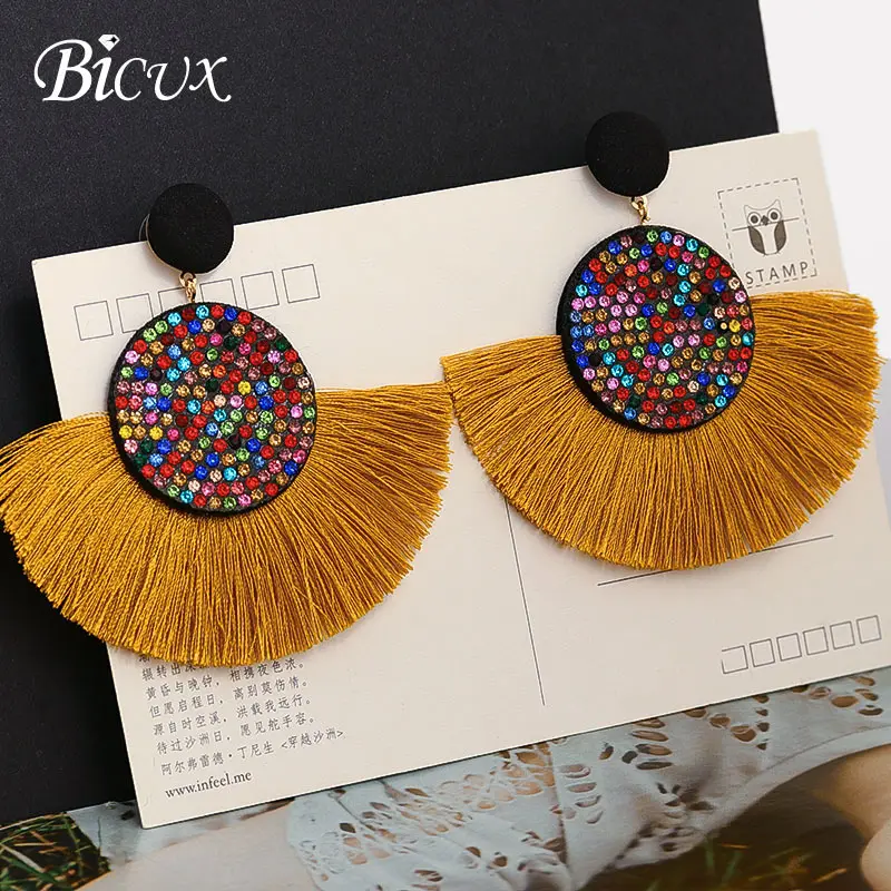 brown 1 BICUX, модные богемные массивные серьги с большими кисточками,, красные, желтые, зеленые, шелковые висячие серьги из ткани для женщин, ювелирные изделия - Окраска металла: brown 1