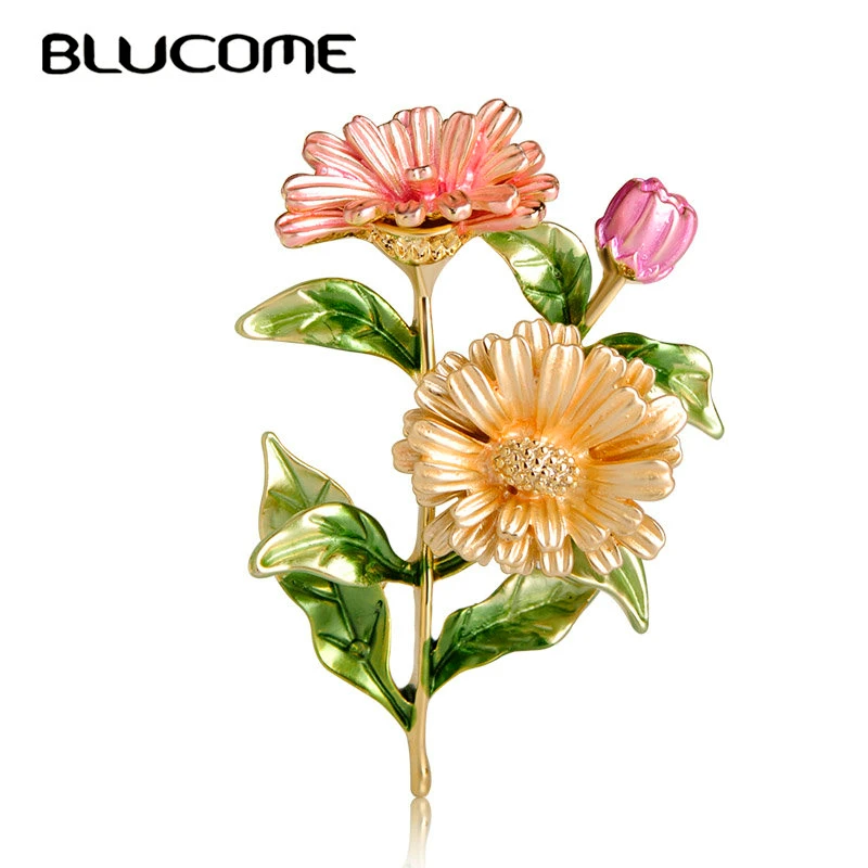 Blucome красивая розовая хризантема цветок Броши Булавки золотой цвет эмали корсажи