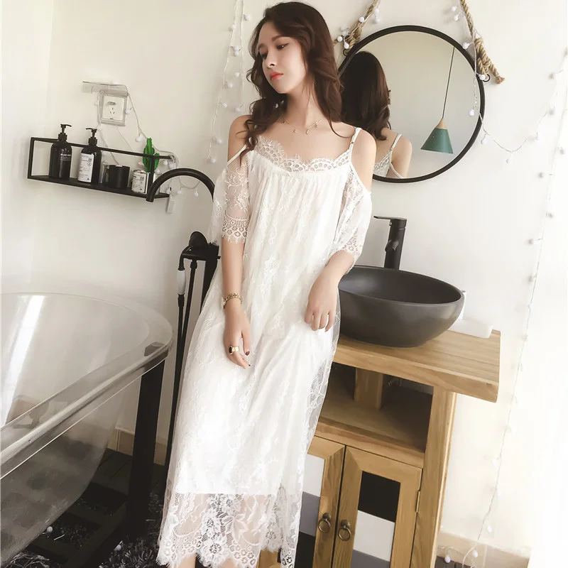 Женское кружевное ночное белье ночная рубашка в стиле принцессы белая и черная