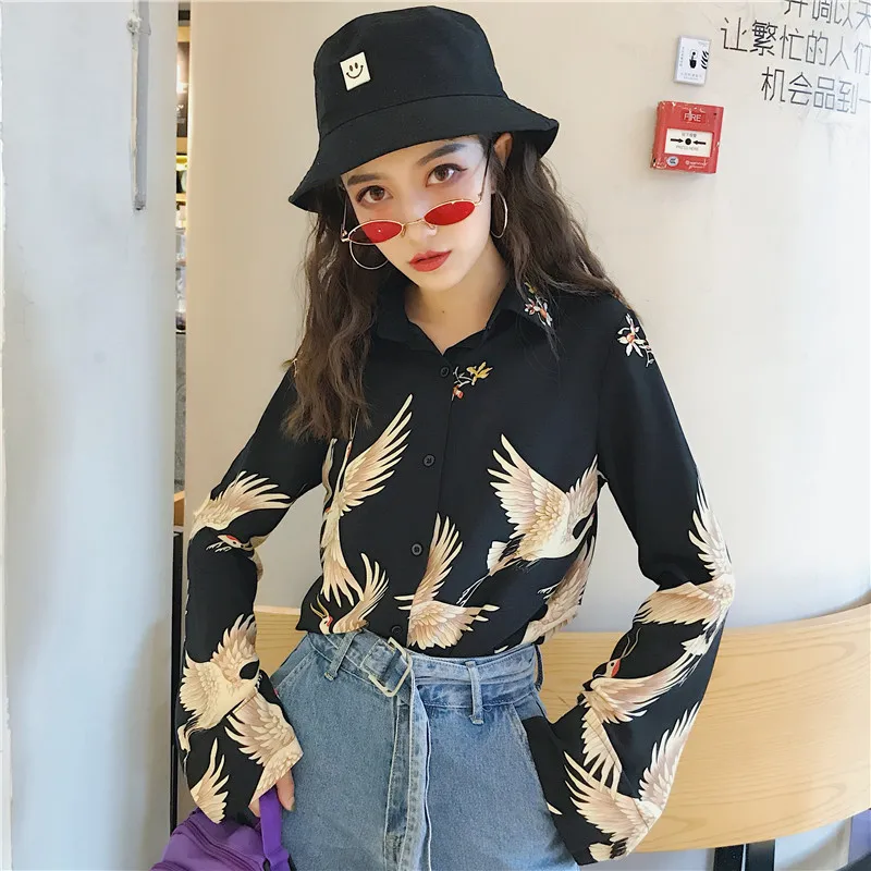 Женские рубашки Ulzzang японская кавайная Дамская однобортная рубашка с принтом