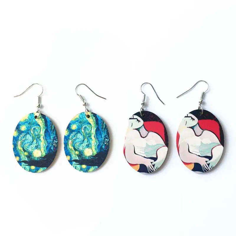 

1 Pair Creative Vintage Oil Painting Earrings Minimalism Cartoon Design Female Ear Hooks Danglers Jewelry Gift