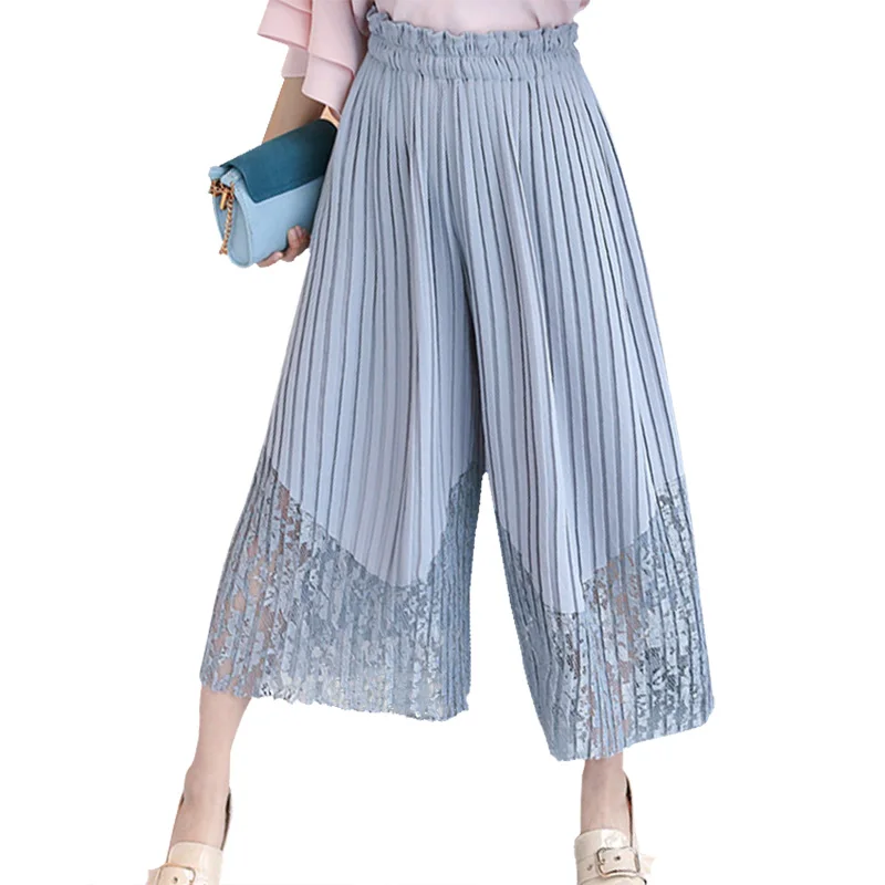 

Plus size Women Summer Wide Leg Sweet Pleated Pants Casual Loose High Slit Lace Palazzo Pants WomenTrousers Big Size