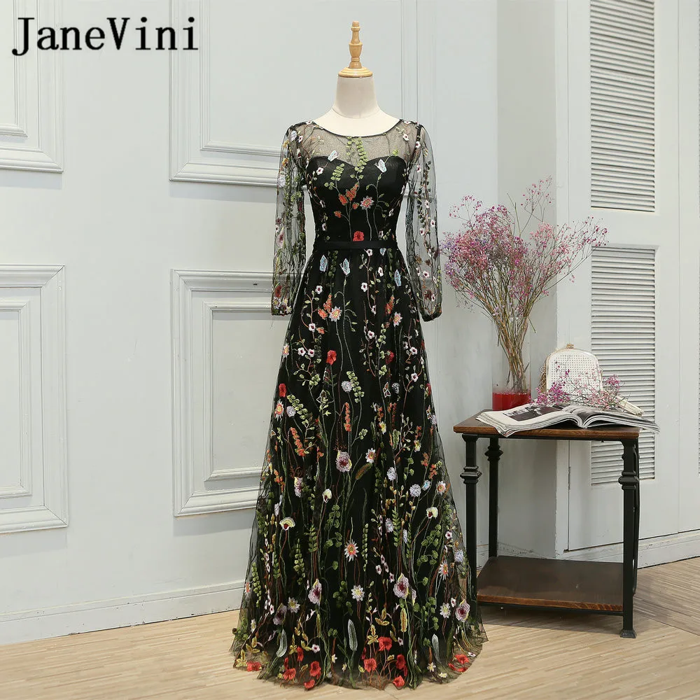 JaneVini/черное платье подружки невесты с длинным рукавом для девочек кружевное