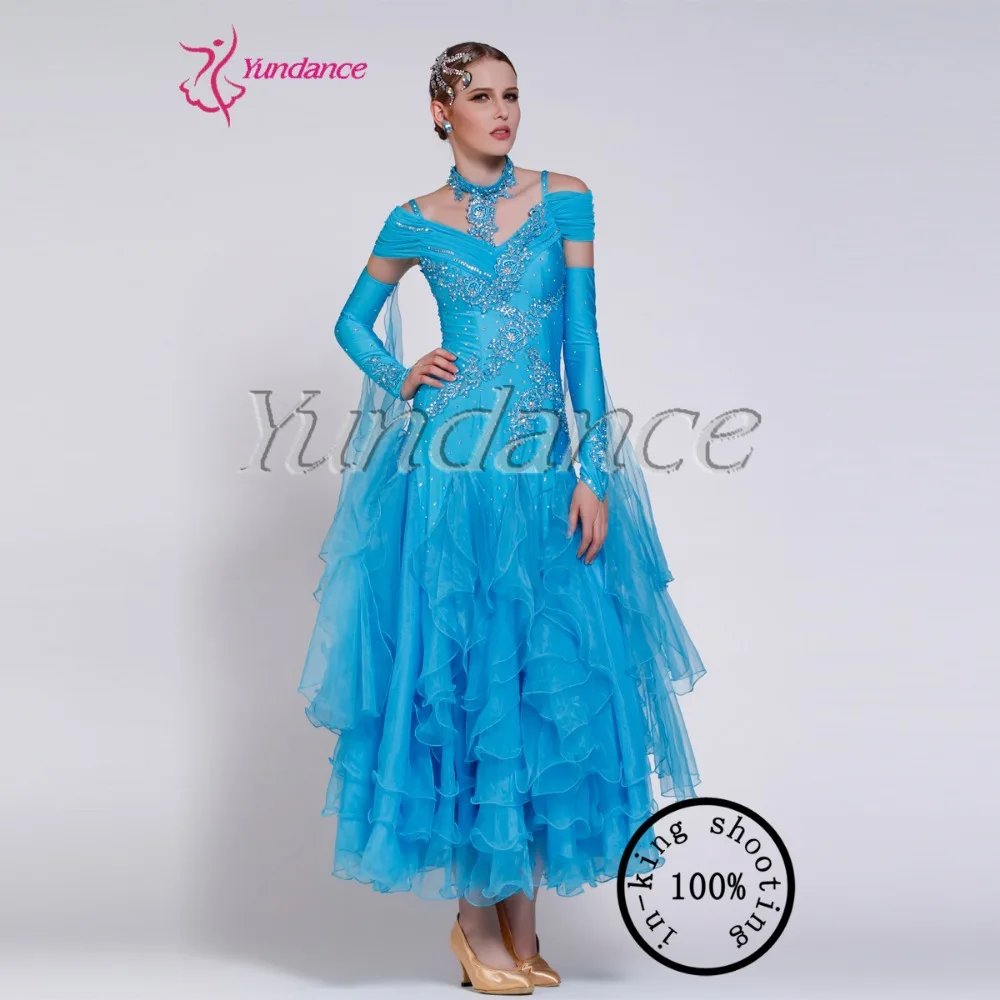 

B-09243 Hot Selling Long Sleeves Bright Blue Backless Hollow Ballroom Competition Dance Dresses 2016