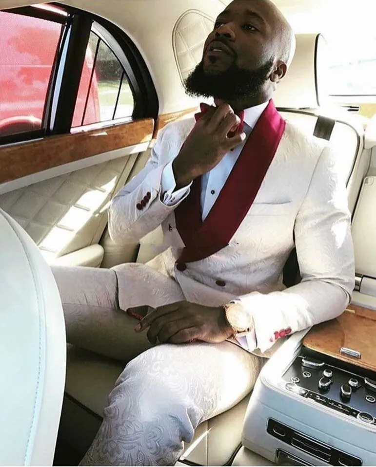 

2017 Latest Coat Pant Designs Ivory Pattern Red Shawl Lapel Men Suit Slim Fit 2 Piece Skinny Tuxedo Custom Groom Suits Masculino