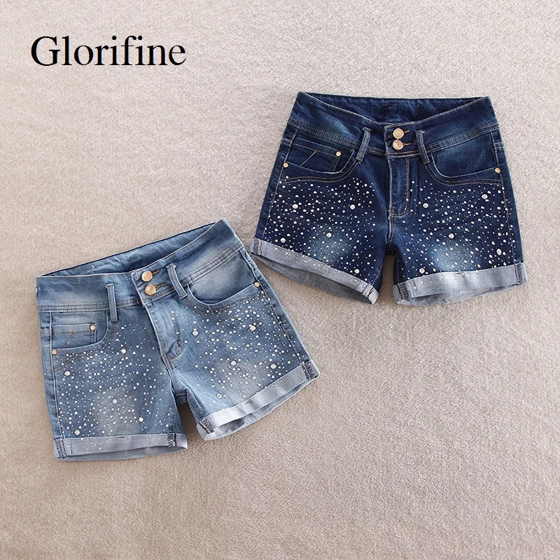 Женские джинсовые шорты Glorifine со стразами и бриллиантами обтягивающие Бриджи