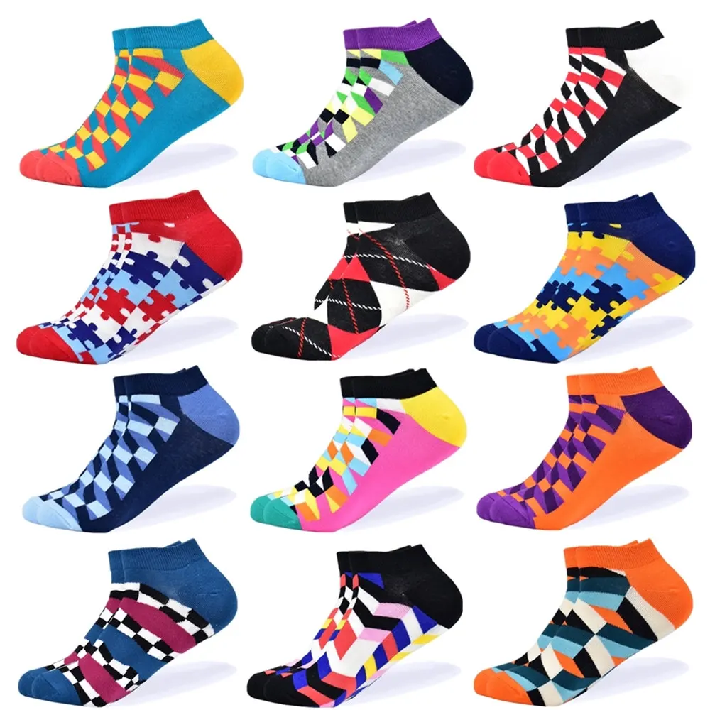 12 pairs-3 Носки мужские новейшие дизайнерские носки-башмачки короткие летние носки качественные деловые разноцветные мужские хлопковые носки с геометрическими узорами - Цвет: 12 pairs-3