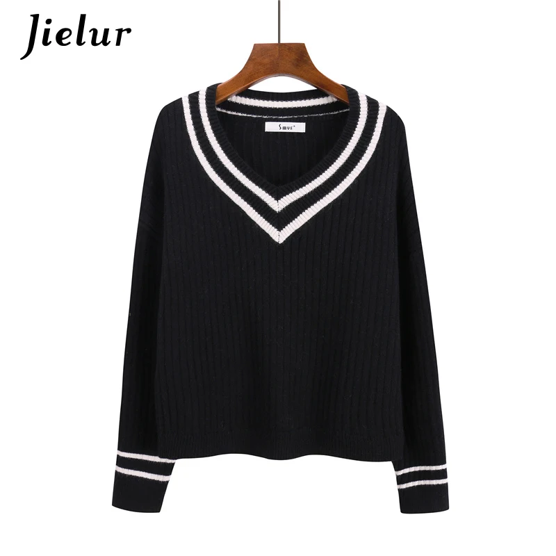 Jielur Crop Top Sweater Striped V-neck Korean Classic College Student Female Loose Sweaters Fashion 2019 Women Knitwear | Женская одежда