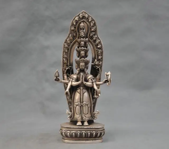 

11'' China Silver Bronze Thousands Hands Guanyin Bodhisattva Bronze Statue
